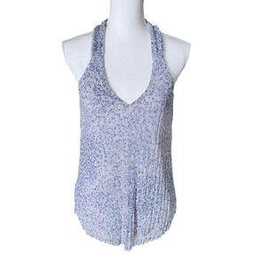 Anthropologie Purple Metallic Plisse Halter Top Small V-Neck Pleated Lavender
